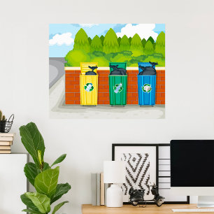 Farbcodierte Mülltrennung mit Recyclingbehältern Poster