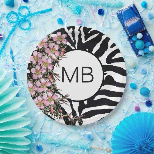 Farbdruckpink Wild Blume Monogramm Schwarz-weiß Pappteller (Party)