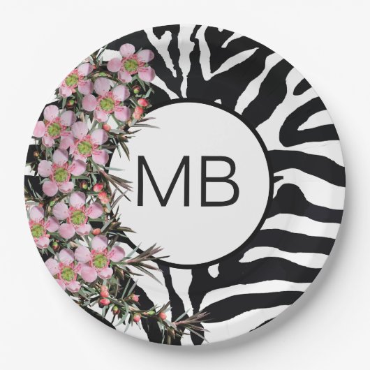 Farbdruckpink Wild Blume Monogramm Schwarz-weiß Pappteller (Vorderseite)