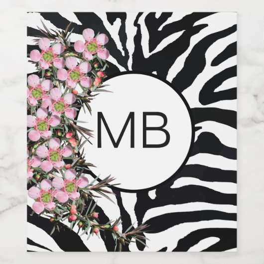 Farbdruckpink Wild Blume Monogramm Schwarz-weiß Weinetikett (Einzelnes Label)
