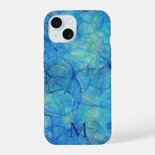 Farbe Blau & Gold + Monogramm iPhone 15 Hülle (Rückseite)