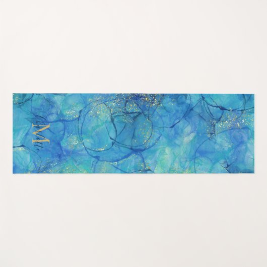 Farbe Blau & Gold - Monogramm + Name Yogamatte (Vorderseite (Horizontal))