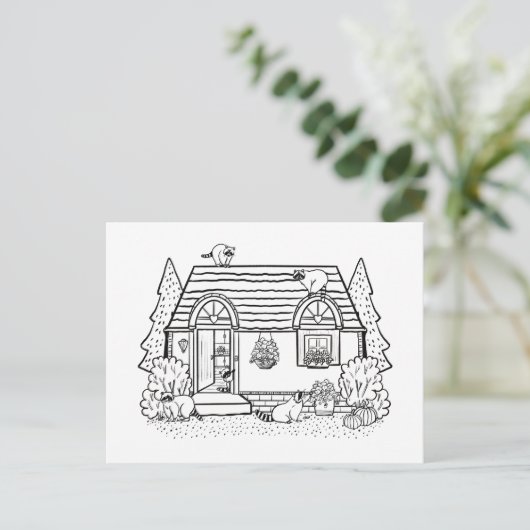Färbe Dein Eigenes Cozy Haus und Waschbären Blanko Postkarte (Stehend Vorderseite)