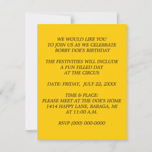 FARBE FUN CIRCUS PARTY THEMA INVITATION EINLADUNG (Rückseite)