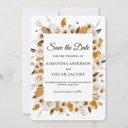 Farbe Herbstgelb und Weiß Save The Date (Vorderseite)