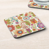 Farbe mit Blumen und Eule Getränkeuntersetzer (Linke Seite)