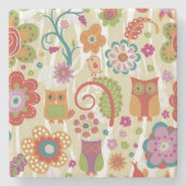 Farbe mit Blumen und Eule Steinuntersetzer (Vorderseite)