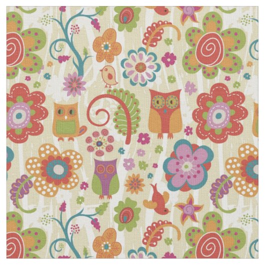 Farbe mit Blumen und Eule Stoff (Nahaufnahme)