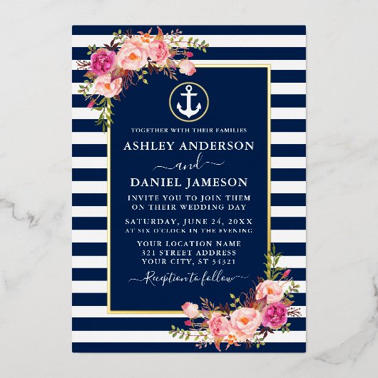 Farbe Rosa Bläserniche Streifen Gold Folieneinladung (Vorderseite)