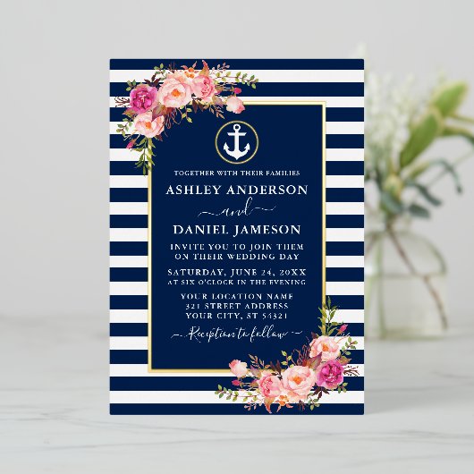 Farbe Rosa Blumenanker Streifen Blau Gold Folieneinladung (Stehend vorne)