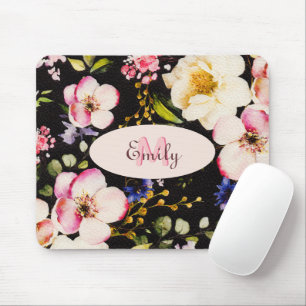Farbe Rosa Gelbe Rosen auf schwarz, Monogramm Mousepad