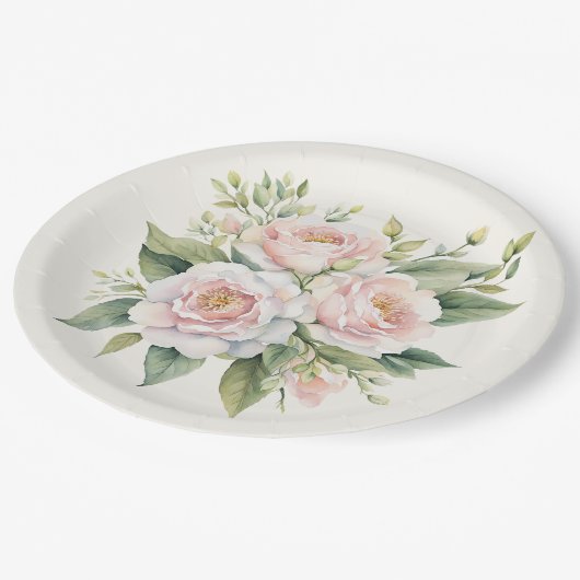 Farbe Rosa Rose Bouquet Pappteller (Schrägansicht)