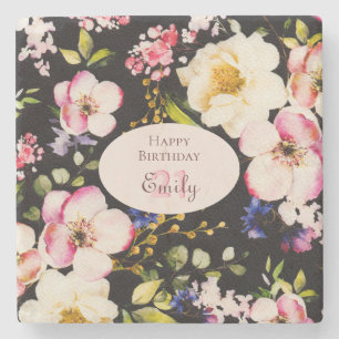 Farbe Rosa und Gelb Rosen auf schwarz, Geburtstag Steinuntersetzer