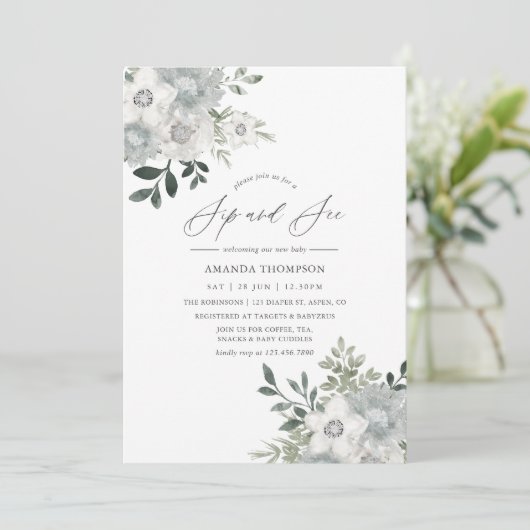 Farbe Silber Sage Blumensieb und sehen Einladung (Stehend Vorderseite)