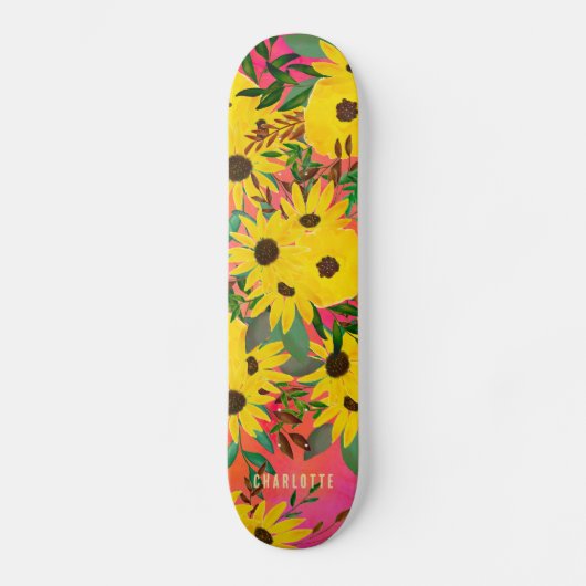 Farbe Sonnenblumen Blumenmuster Rosa + Name Skateboard (Vorderseite)