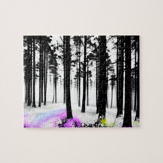 Farben sickern in Schwarz-Weiß-Silhouette-Wald Puzzle (Horizontal)