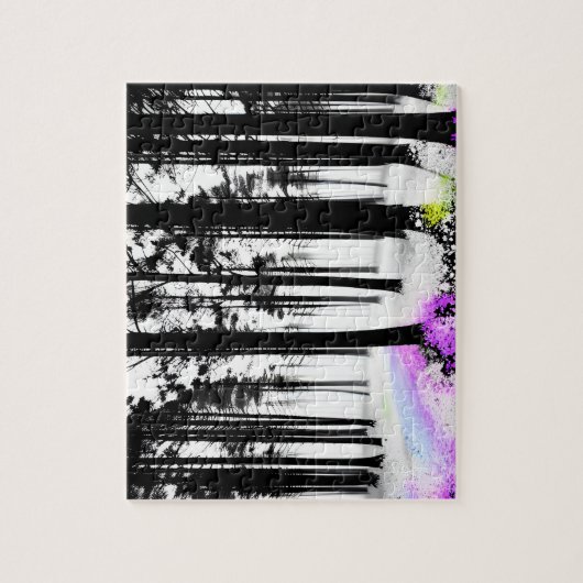 Farben sickern in Schwarz-Weiß-Silhouette-Wald Puzzle (Vertikal)