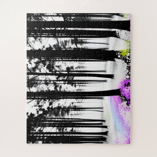 Farben sickern in Schwarz-Weiß-Silhouette-Wald Puzzle (Vertikal)