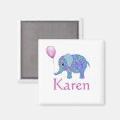 Farbenblauer Elefant | Lila Ballon und Name Magnet (Vorderseite/Rückseite)
