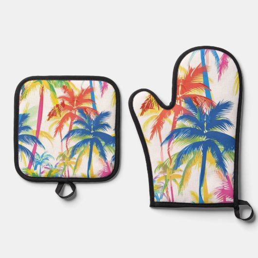 FARBENE TROPISCHE RETRO-PALMBÄUME OFENHANDSCHUH & Topflappen-Set (Vorderseite)