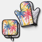 FARBENE TROPISCHE RETRO-PALMBÄUME OFENHANDSCHUH & Topflappen-Set (Vorderseite/Rückseite)