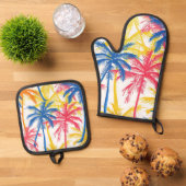 FARBENE TROPISCHE RETRO-PALMBÄUME OFENHANDSCHUH & Topflappen-Set (Oben Unten)