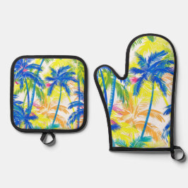 FARBENE TROPISCHE RETRO-PALMBÄUME OFENHANDSCHUH & Topflappen-Set