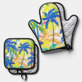 FARBENE TROPISCHE RETRO-PALMBÄUME OFENHANDSCHUH & Topflappen-Set (Vorderseite/Rückseite)