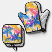FARBENE TROPISCHE RETRO-PALMBÄUME OFENHANDSCHUH & Topflappen-Set (Vorderseite/Rückseite)