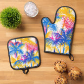 FARBENE TROPISCHE RETRO-PALMBÄUME OFENHANDSCHUH & Topflappen-Set (Oben Unten)
