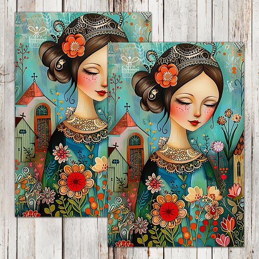 FARBENES BLUMENMÄDCHEN IM FRÜHJAHRE GARTENDEKOUPAG SEIDENPAPIER