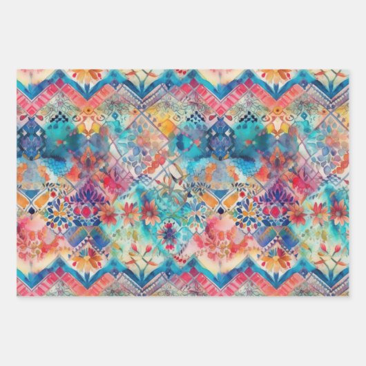 FARBENES BOHO WASSERFARBBODENDEKORATIVPAPIER GESCHENKPAPIER SET (Vorderseite 2)