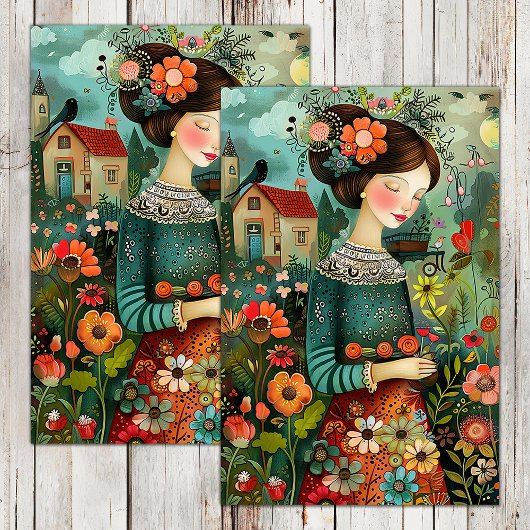 FARBENES GARTENMÄDCHEN MIT BLUME DECOUPAY SEIDENPAPIER