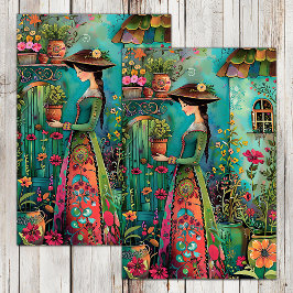 FARBENES GARTENMÄDCHEN MIT BLUME DECOUPAY SEIDENPAPIER