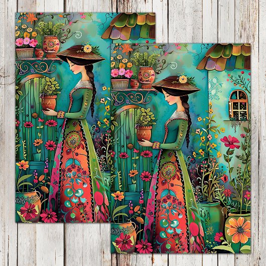 FARBENES GARTENMÄDCHEN MIT BLUME DECOUPAY SEIDENPAPIER