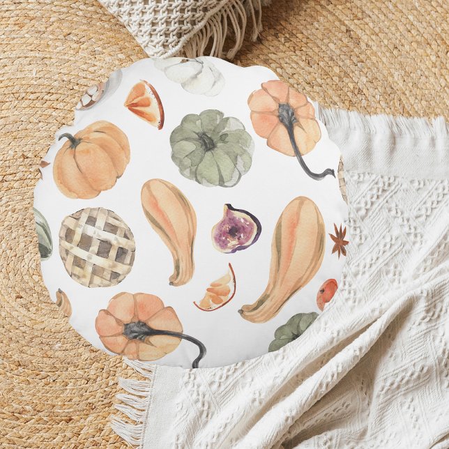 Farbenfarbenes Kürbismuster | Herbstwoben Rundes Kissen (Von Creator hochgeladen)