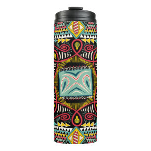 Farbenfroh abstrakt: Quadrat-Taschendesign. Thermosbecher