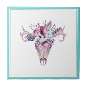 farbenfroh floral Boho Skull Fliese