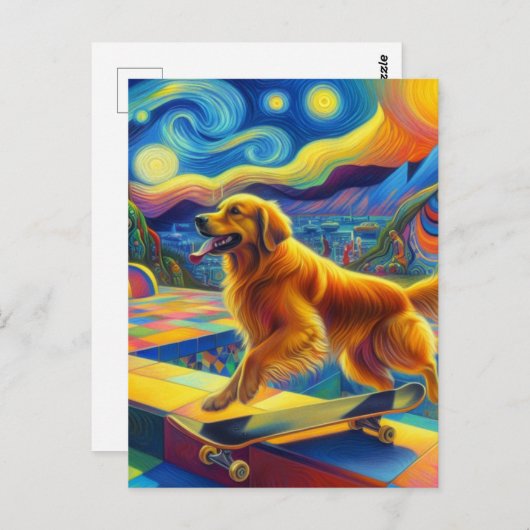 Farbenfroh Golden Retriever Skateboarding Van Gogh Postkarte (Vorne/Hinten)