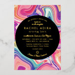 Farbenfroh Groovy Pink Lila Marbling Bat Mitzvah Folieneinladung<br><div class="desc">Passen Sie Ihre Fotos und Details an. Digitales Gemälde von Becky nimoy 2024</div>