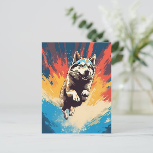 farbenfroh Husky Postkarte (Stehend Vorderseite)