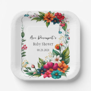 Farbenfroh lebendes Florals Baby in Blütendusche Pappteller
