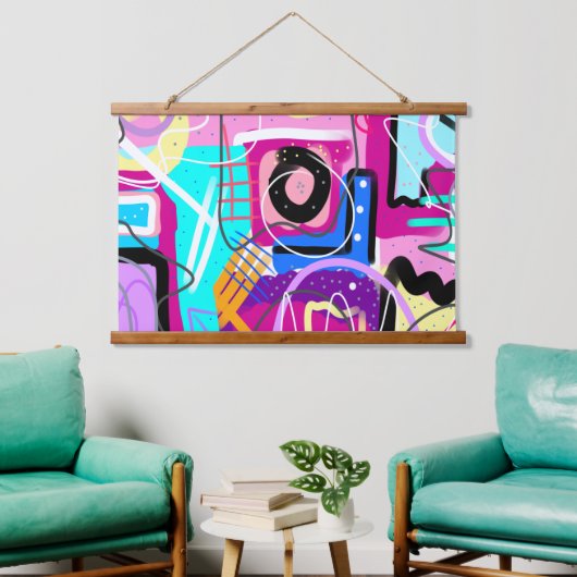 Farbenfroh, maximalistisch, ausdrucksstark Abstrak Wandteppich Mit Holzrahmen (Wohnzimmer)