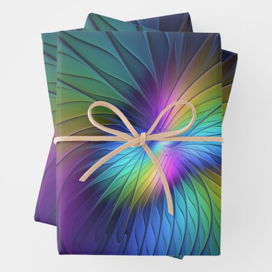 Farbenfroh mit blauem, modernem Abstraktem Fraktal Geschenkpapier Set (Beispiel)