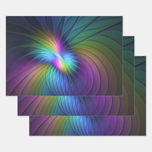 Farbenfroh mit blauem, modernem Abstraktem Fraktal Geschenkpapier Set (Set)