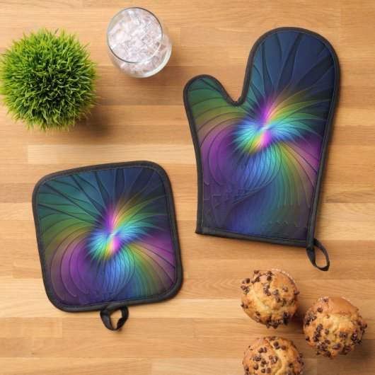 Farbenfroh mit blauem, modernem Abstraktem Fraktal Ofenhandschuh & Topflappen-Set (Oben Unten)