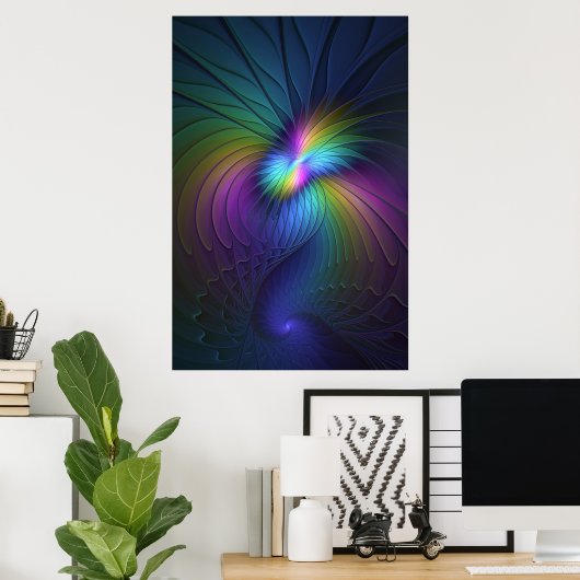 Farbenfroh mit blauem, modernem Abstraktem Fraktal Poster (Heimbüro)