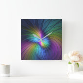 Farbenfroh mit blauem, modernem Abstraktem Fraktal Quadratische Wanduhr (Zuhause)