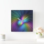 Farbenfroh mit blauem, modernem Abstraktem Fraktal Quadratische Wanduhr (Zuhause)