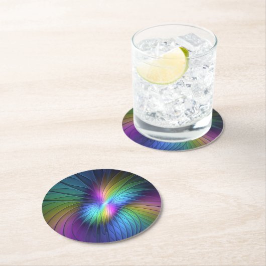 Farbenfroh mit blauem, modernem Abstraktem Fraktal Runder Pappuntersetzer (Vor Ort)